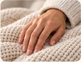 A hand touching the textured cream outer fabric